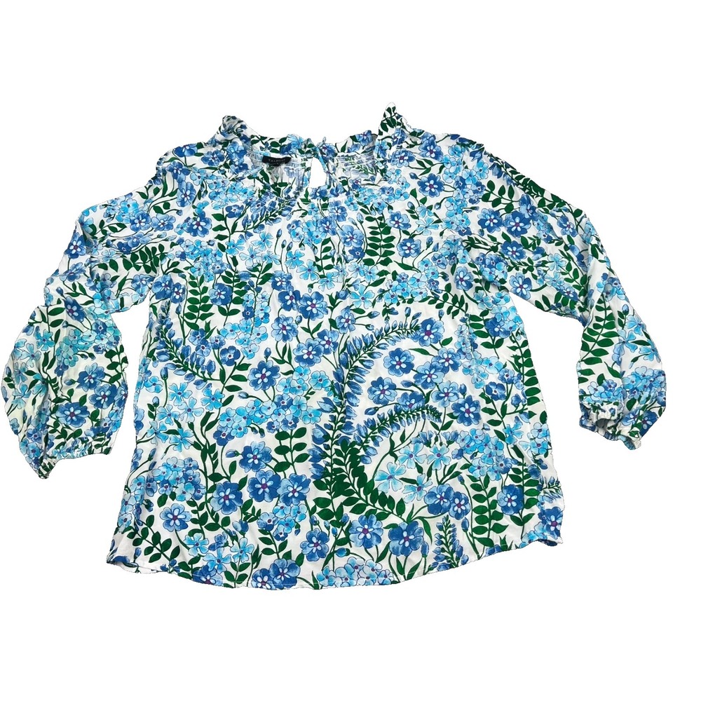 Talbots Womens Floral Ruffle Tie Neck Top Size SMALL Smocked Summer Chic